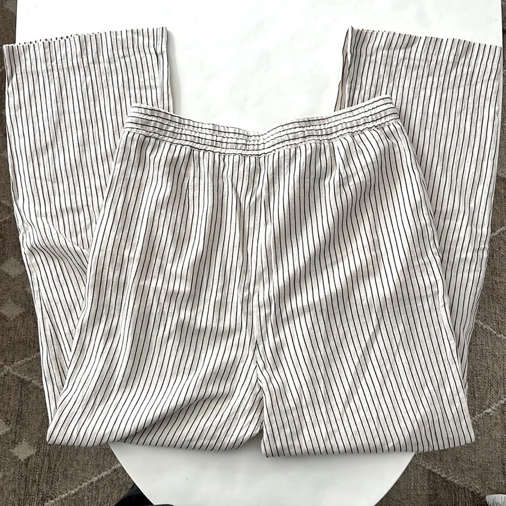 ZARA Drawstring Stripe Linen Cotton Wide Leg Pants Pockets Size L $79